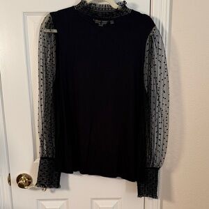 Boden Sheer Polka Dot Sleeve Mock Neck Long Sleeve Top - Black, size 14